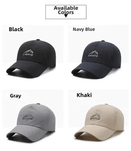Dettaglio di cappelli da baseball traspiranti in quattro colori con ricamo sportivo