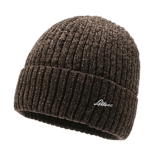 Men's winter knit beanie in dark brown featuring a white letter embroidery logo