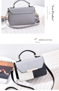 Macro view of geometric patchwork and solid grey PU leather handbags with gold buckles