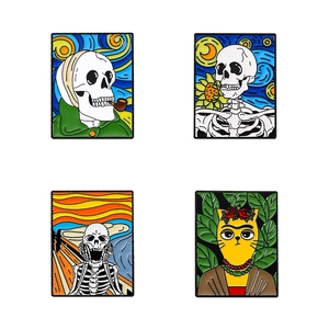 Artistic enamel pins set featuring skeleton Starry Night and The Scream themed badges