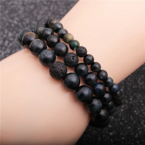 Natural Tiger Eye And Black Lava Stone Beaded Bracelet Elastic String Unisex Energy Healing Jewelry