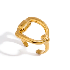 Minimalist 18k gold plated stainless steel open ring with equestrian interlocking buckle design