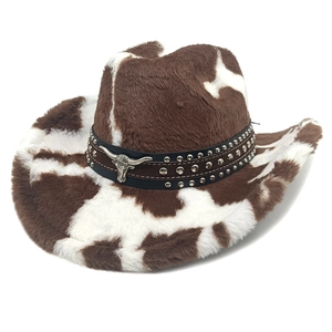 Cowboyhoed Western Koeprint Kunstbont Brede Rand Met Klinknagel Leren Band En Metalen Stierkop Voor Dames Outdoor Party