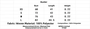 Size chart for satin finish tube top showing XS to L measurements and fabric composition