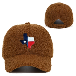 Casquette de baseball en polaire teddy marron avec broderie du drapeau du Texas