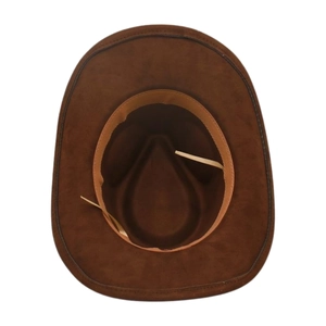Detailed interior view of a brown suede cowboy hat showing the adjustable sweatband