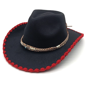 Western cowboy fedora in black felt with red stitched brim and turquoise bead band