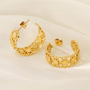 Hollow Flower Hoop Earrings 18K Gold Plated Stainless Steel Geometric C-Shaped Retro Elegant Jewelry For Women