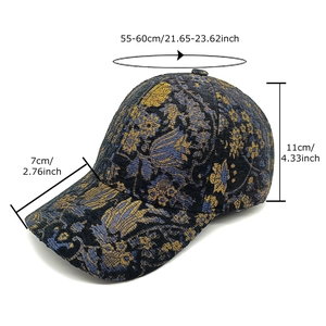 Berretto da baseball ricamato floreale blu e oro per donna con dettagli sulle taglie