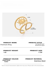 Detailed size specifications for stainless steel sunburst ring showing 1.7cm diameter