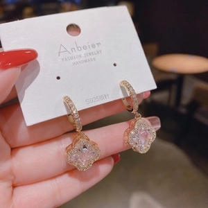 Gold plated four-leaf clover drop earrings with zircon crystals and S925 silver needles