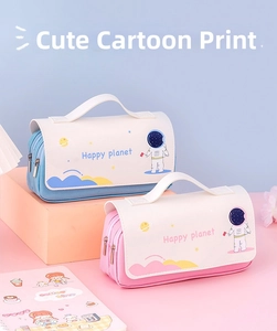 Detail view of pink and blue astronaut pencil cases with multi-layer zippers and handles