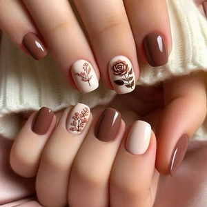 Press On Nails Short Square ABS Glossy Fake Nails With Rose Flower Pattern Vintage Style Artificial Fingernails For Women
