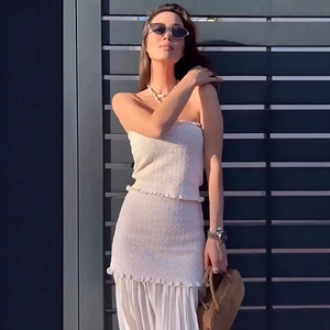 Cardigan En Maille Élégant Pour Femmes Haut Bandeau Et Jupe Patchwork Plissée Streetwear Décontracté