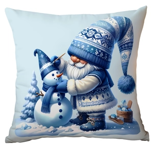 Blue winter gnome and snowman printed square pillowcase for Christmas home decor