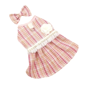 Pink tweed pet dress with white flower accents and a matching bow headband