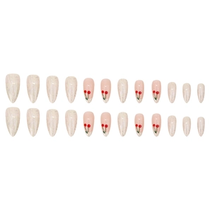 Almond press-on nails set featuring white marble texture and cute cherry designs