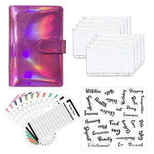 Holographic purple A6 budget binder set with PVC pockets and English category stickers