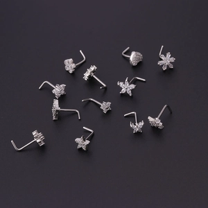 20G stainless steel L-shaped nose studs set with zircon butterfly and star shapes