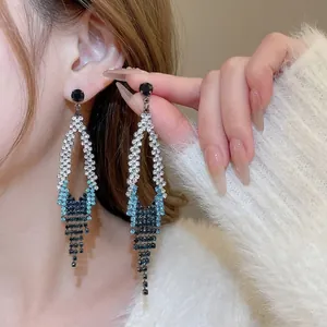Boucles D'oreilles Pendantes À Glands Strass Bleu Dégradé Losange Creux Cuivre Avec 925 Sterling Silver Earring Post