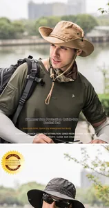 Detail showing waterproof quick-dry fabric and breathable vents on wide brim sun hats