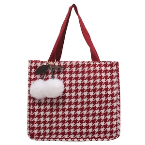 Large capacity red and white houndstooth canvas tote bag with plush cherry pendant