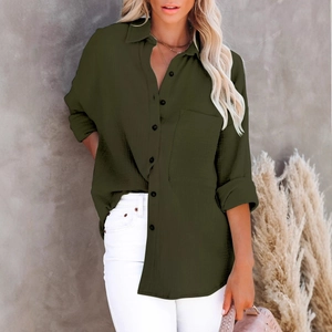 Deep green long sleeve cotton linen shirt with V-neck and button closure for women