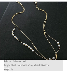 Close-up of double layer titanium steel pearl necklace with detailed length dimensions