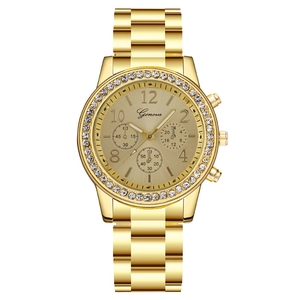 Montre À Quartz Élégante Pour Femmes Mode Boîtier En Alliage Bracelet En Acier Inoxydable Lunette En Strass Analogique