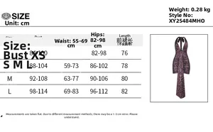 Detailed size chart for the leopard print v-neck halter mini dress with dimensions in cm
