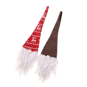 Christmas gnome wine bottle covers with red reindeer pattern and brown herringbone fabric