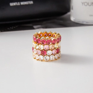 Luxurious multi-layer gold titanium steel ring set with colorful zircon stones