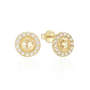 Detail of S925 silver stamp on gold-plated round earrings with zircons and hammered texture
