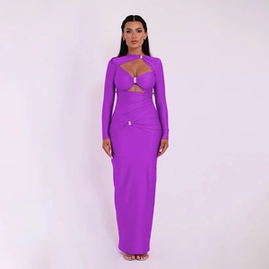 Elegant purple long sleeve maxi dress with cut-out details and sparkling rhinestones