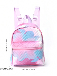 Detailed size chart of pink and blue quilted mini backpack 22x20x10 cm dimensions