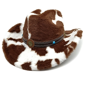 Detail of cow print western hat featuring turquoise rivets on brown leather band