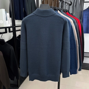 Detailed knit texture and sleeve stripe design on navy wool blend winter sweater