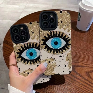 Evil Eye Phone Case With Airbag Stand Glitter Gold Blue Sequin TPU Shockproof Anti Fingerprint Nordic Style