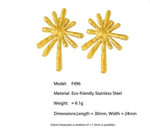 Detail showing 18K gold stainless steel sunburst earrings with hammered texture and size