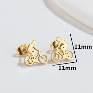 Creative bicycle rider silhouette stud earrings in gold finish measuring 11mm x 11mm