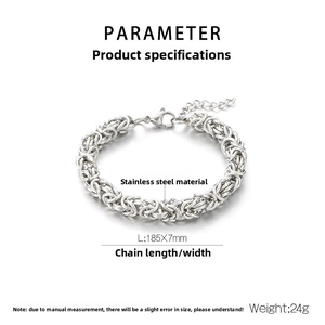 Macro view of stainless steel Byzantine chain bracelet showing intricate woven texture