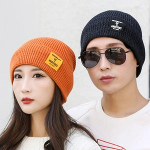 Knitted Beanie Hat Fleece Lined Winter Warm Solid Color Letter Patch Ribbed Cuff Skull Cap For Men Women