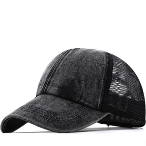 Washed Denim Trucker Hat With High Ponytail Hole Breathable Mesh Back Distressed Adjustable Baseball Cap For Women