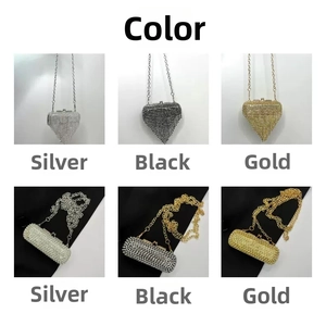 Detailed comparison of pyramid and cylindrical rhinestone evening bags in gold, silver and black