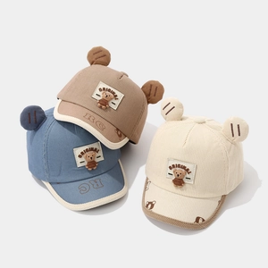 Cute corduroy bear ear baseball caps for toddlers in cream, brown, and blue colors