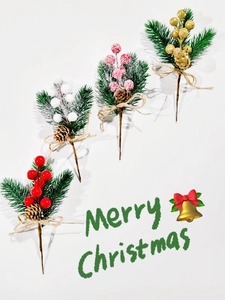 Detail of assorted Christmas berry picks with pine cones and needles in four festive colors