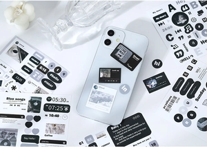 Monochrome aesthetic stickers featuring English text and music UI for DIY scrapbooking