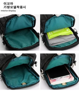 Detail view of the black crossbody bag's multi-compartment interior with blue lining