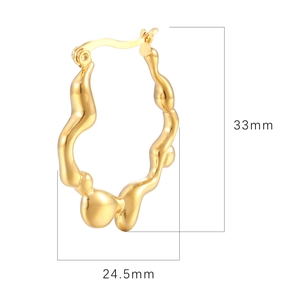 Irregular gold wave stainless steel earrings showing 33mm and 24.5mm size dimensions