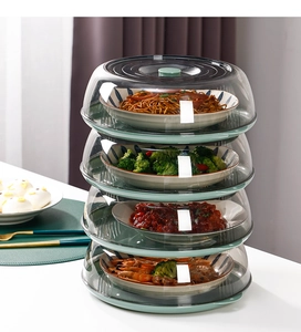 Close-up of a multi-layer transparent food cover with a green base and top handle